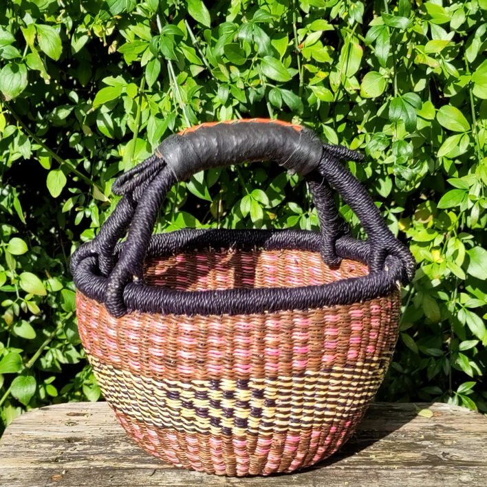 Bolga 10″round market basket – pink and brown